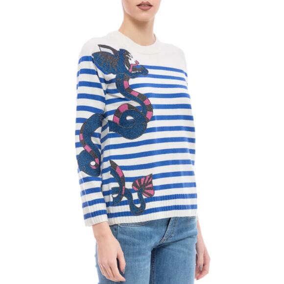 Zadig & Voltaire Lilo Bis Striped Sweater Dragon Motif Wool Cashmere Cream Blue - Picture 4 of 11